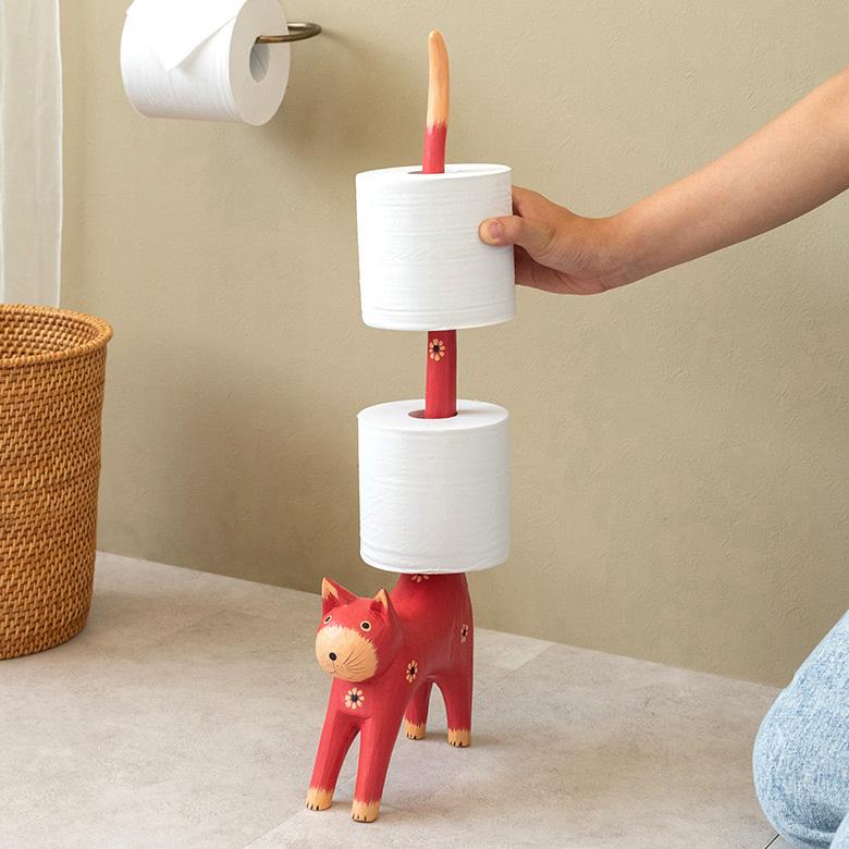 トイレットペーパー ホルダー 猫 ネコ 尻尾 バリ島 ピンク オブジェ