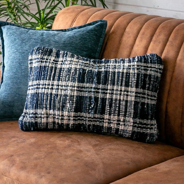 クッションカバー デニム 30×50cm チェック柄 長方形 横長 クッション