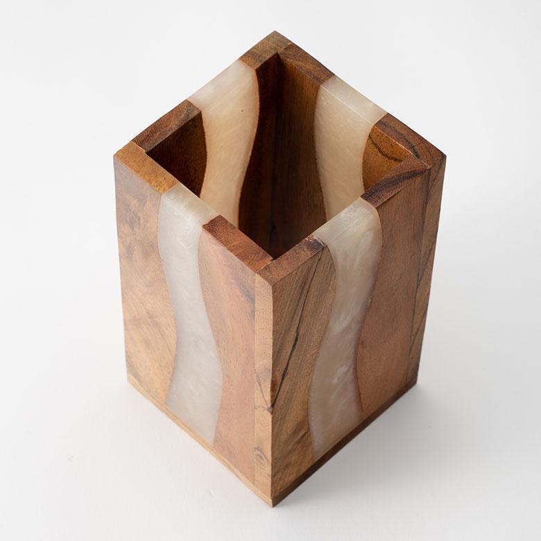 ELEMENTS ペン 立て スタンド ケース ウッド 木製 レジン 約 高さ 12cm