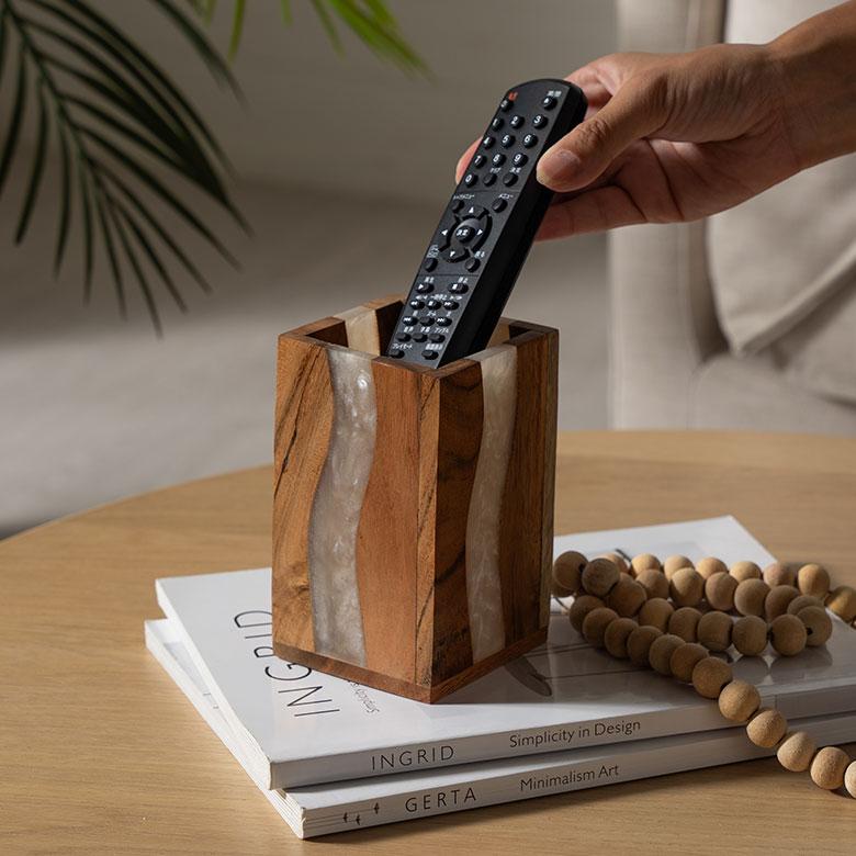 ELEMENTS ペン 立て スタンド ケース ウッド 木製 レジン 約 高さ 12cm