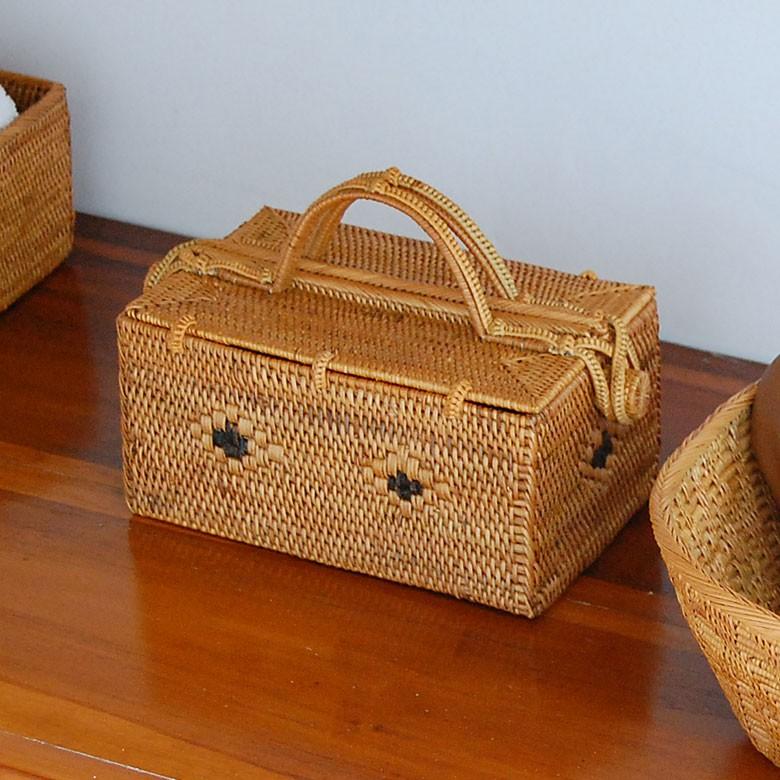 カゴバッグ コスメバッグ アタ製 アジアン バリ雑貨 蓋つき 間仕切り