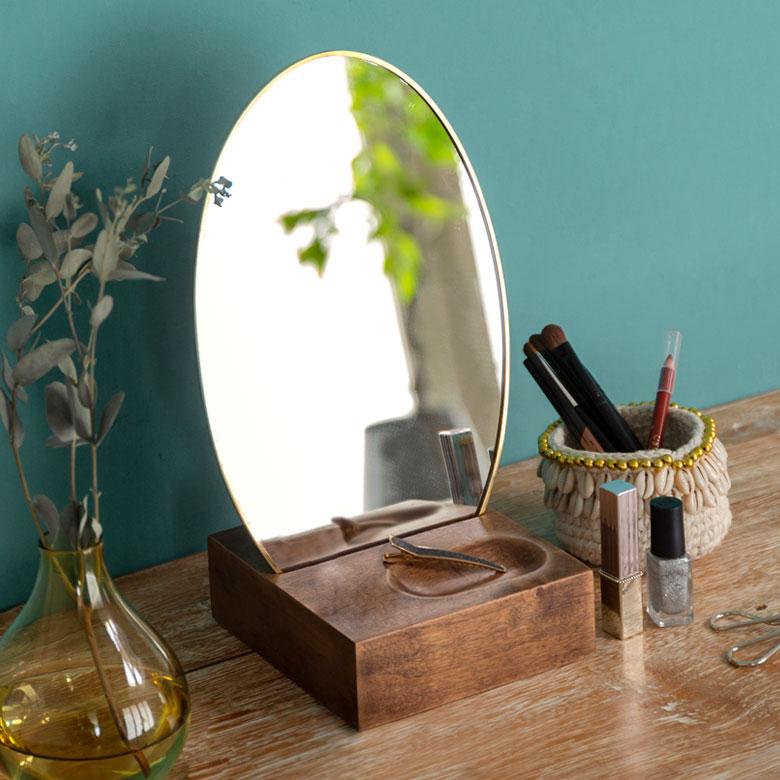 ELEMENTS 卓上ミラー 楕円形 オーバル型 鏡 真鍮フレーム 天然木 角度