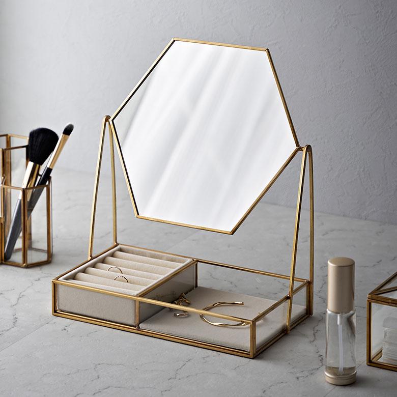 ELEMENTS ミラー アクセサリー ケース 六角形 鏡 収納 ガラス 真鍮