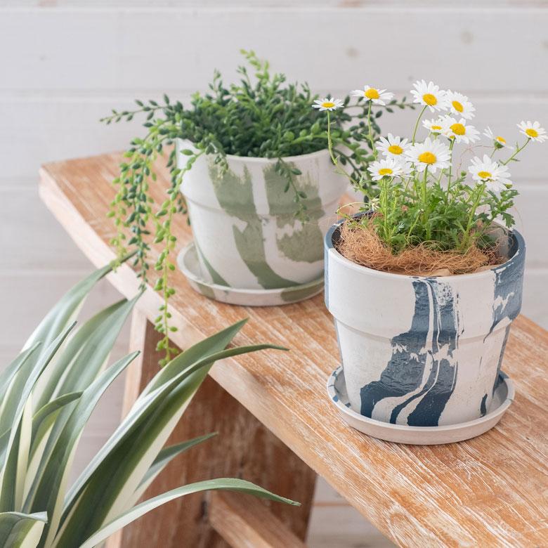 植木鉢 プランツポット 4号鉢 プラスチック マーブル模様 受け皿付き