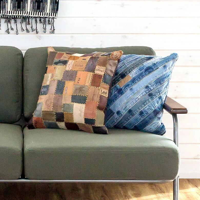 クッションカバー 45×45 本革 正方形 パッチワーク デザイン