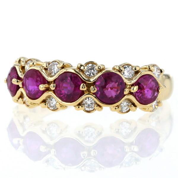 K18YG イエローゴールド リング ルビー1.38ct ダイヤモンド0.25ct 5石