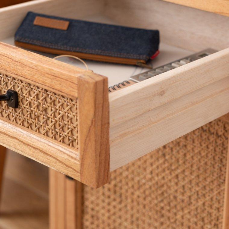 デスク 収納付き 天然木 ラタン 一人用 アンティーク調 引き出し収納