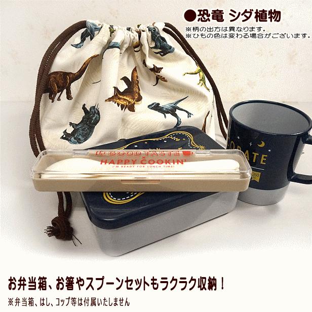 巾着 /中/ お弁当箱入れ 恐竜柄 シダ植物 オリジナル恐竜 裏地付き