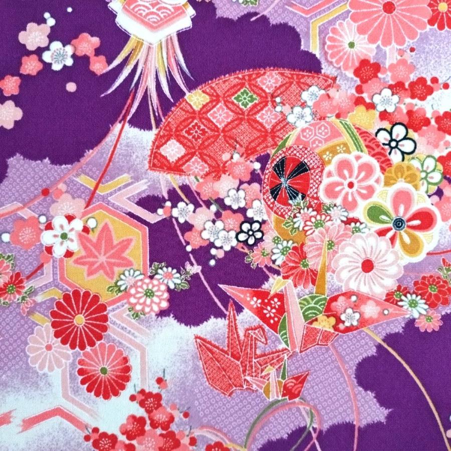 ちりめん 生地 一越 友禅 亀甲折鶴と鞠 紫紺(紫) HY05-B 10cm 髪飾りや