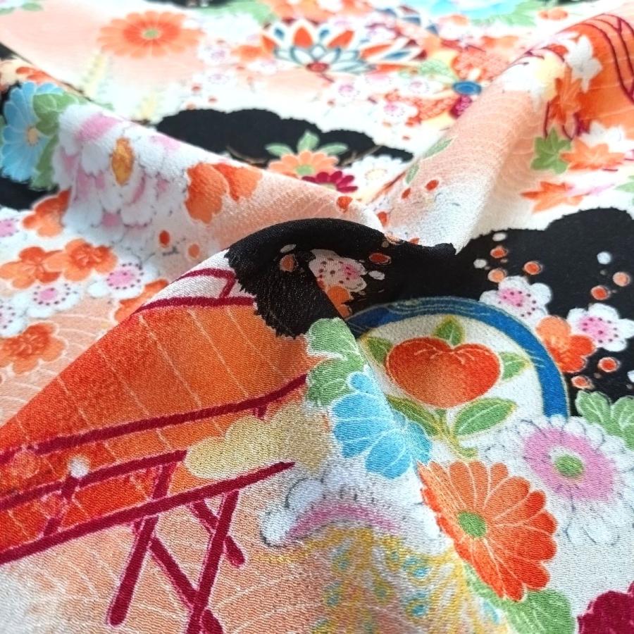 ちりめん 生地 一越 友禅 古代花柄黒HY06-B 10cm 髪飾りやつまみ細工に
