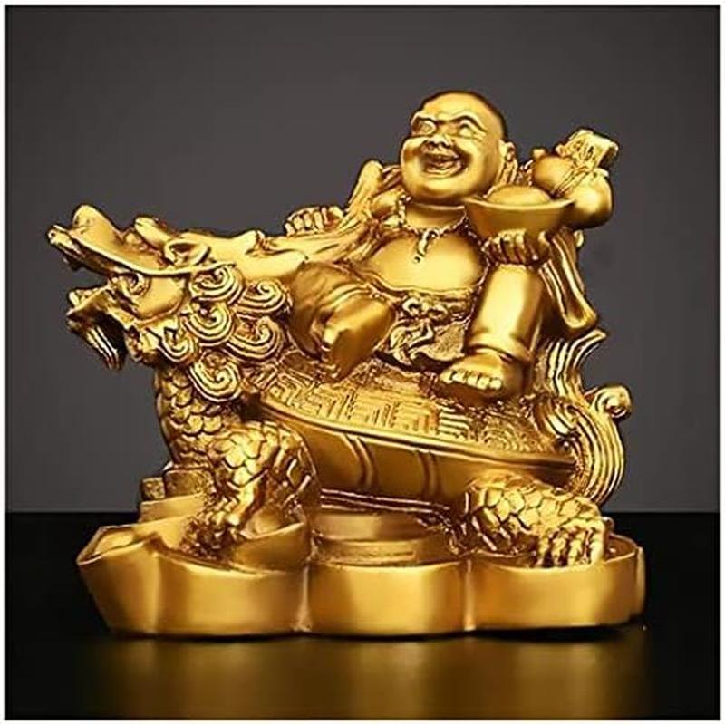 布袋様 置物 ゴールド 七福神 金色の 龍亀に座っている 布袋 弥勒菩薩
