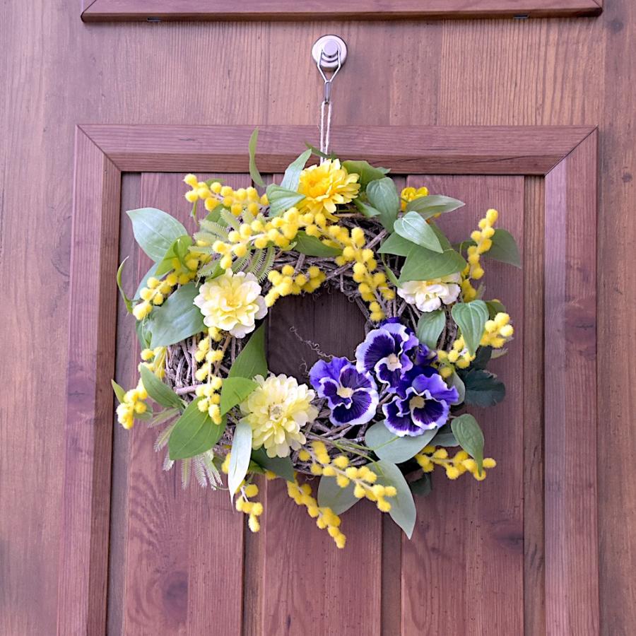 リース 玄関 ミモザ パンジー ビオラ 春 ミモザのリース 30cm ギフト
