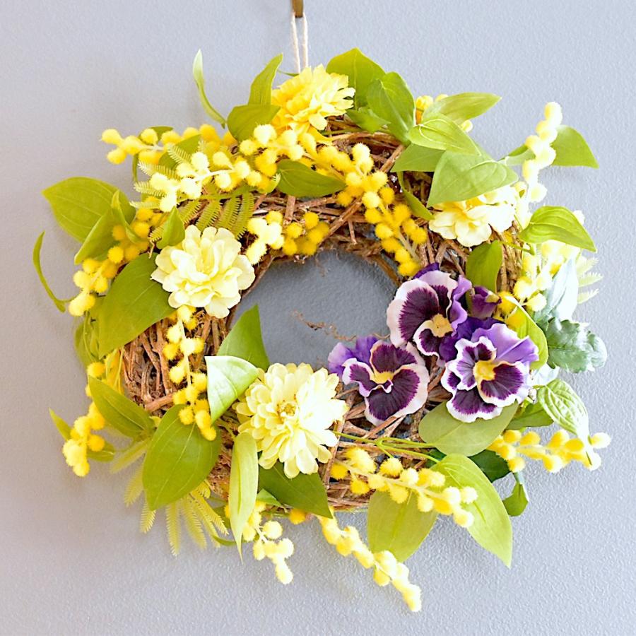リース 玄関 ミモザ パンジー ビオラ 春 ミモザのリース 30cm ギフト