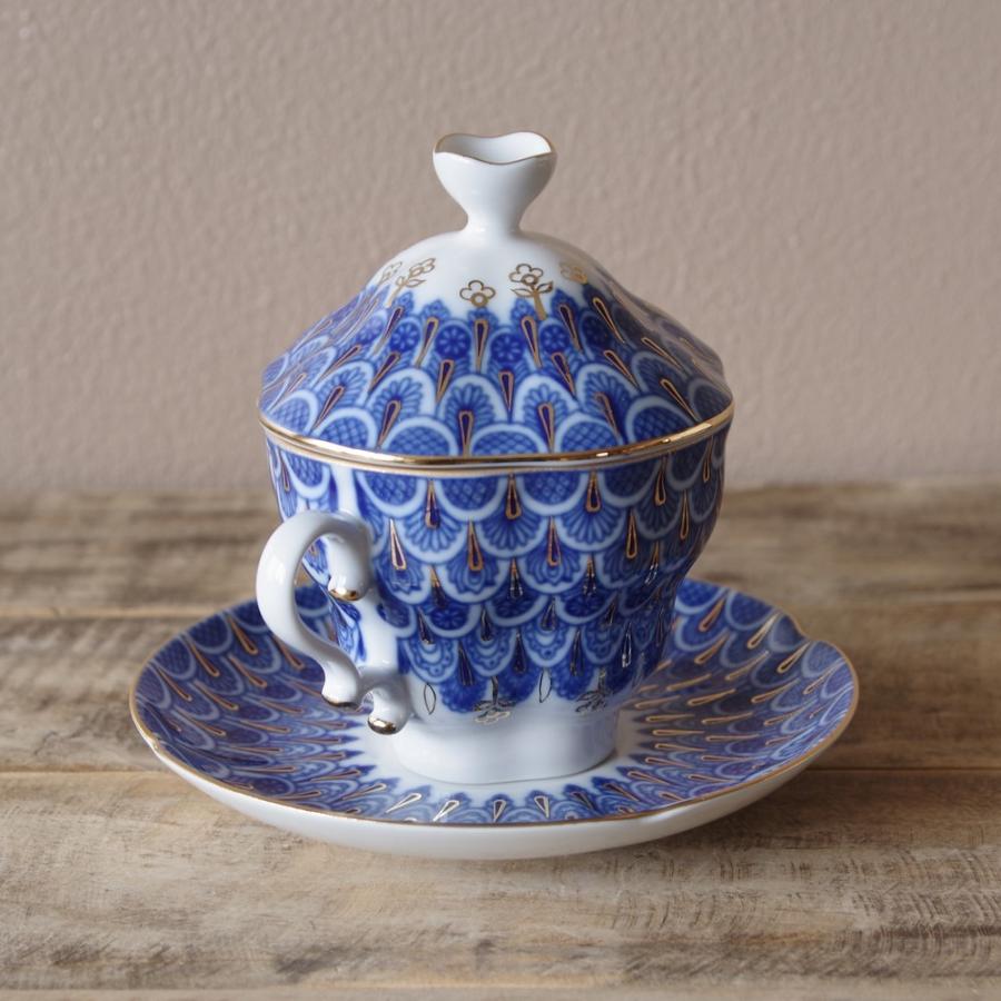 ロシア製 インペリアル・ポーセレン 勿忘草 蓋つき カップ＆ソーサー