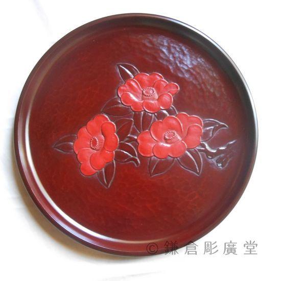 鎌倉彫 丸盆 一尺 枝椿(花朱蒔き） : 鎌倉彫廣堂 - 通販 - Yahoo