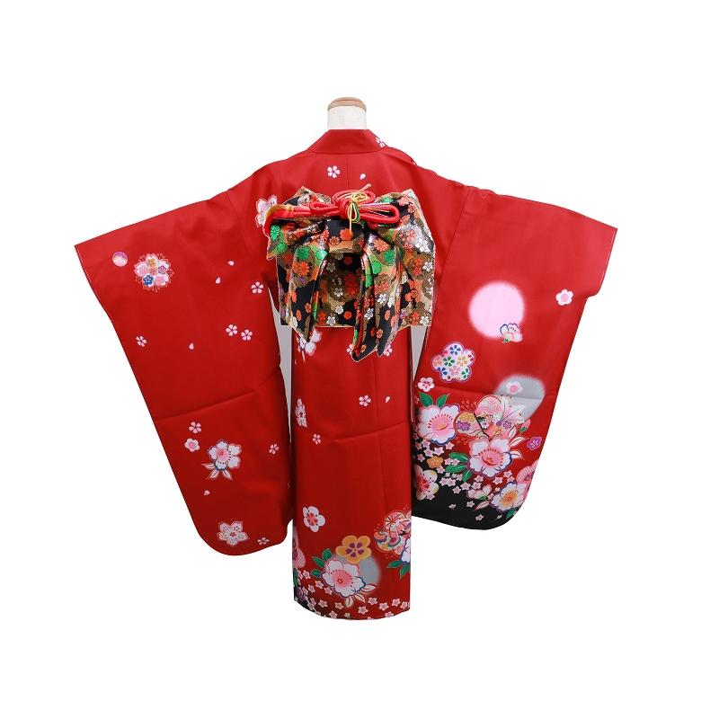 7歳用 フルセット 絵羽柄 四ッ身 着物 結び帯 大寸 箱せこセット 赤い