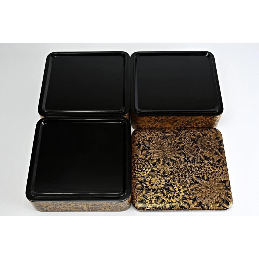 デッドストック！上質内朱黒漆に極上菊詰沈金の映える輪島塗三段重（検