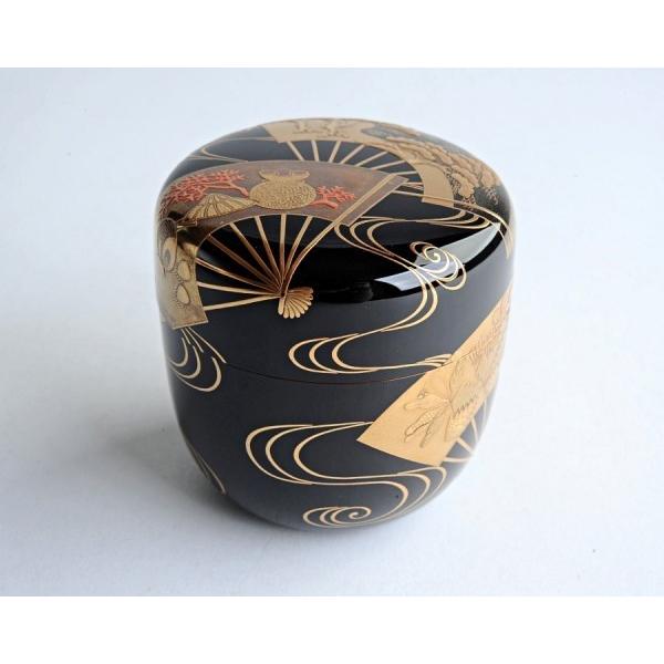 蒔絵師 一瓢斎 黒塗金蒔絵扇面波文 内梨地 棗 二重箱 茶道具 茶入 : 古