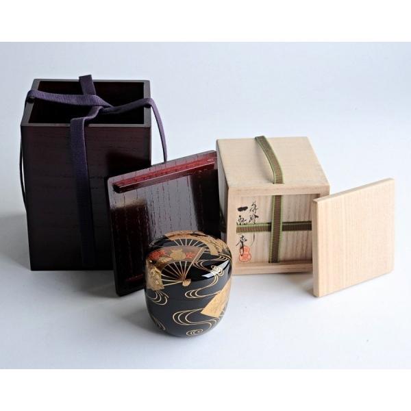 蒔絵師 一瓢斎 黒塗金蒔絵扇面波文 内梨地 棗 二重箱 茶道具 茶入 : 古