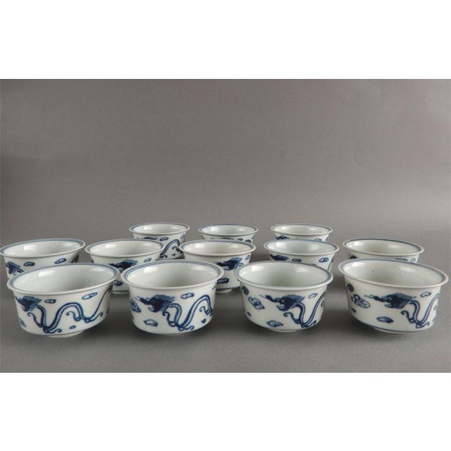 朝霧焼 戸田 秋嶺 青華茗碗 染付龍紋 煎茶碗 十二客 共箱 : 古美術植松
