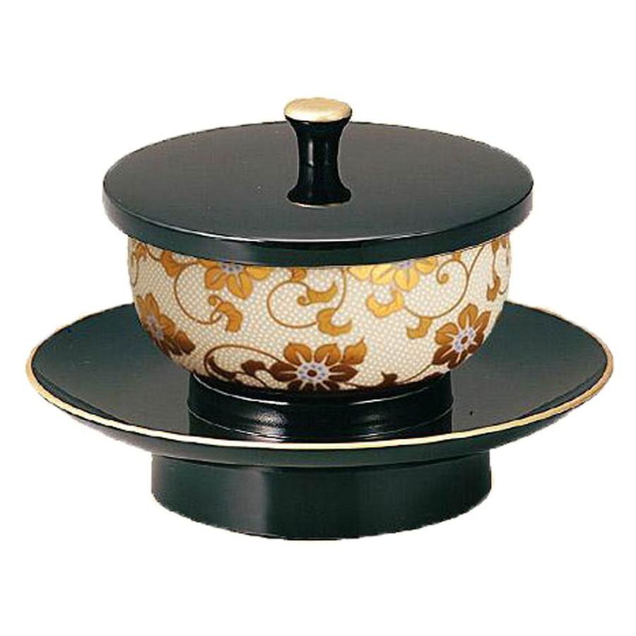 日本製 穴あき茶托セット 黒 フチ金 九谷焼茶碗付 青粒鉄仙 白粒鉄仙