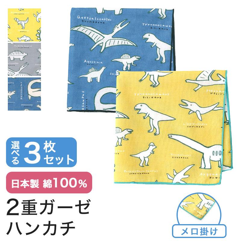 いろは（あいらしか） ガーゼ ハンカチ 3枚セット 恐竜 黄色 青 グレー