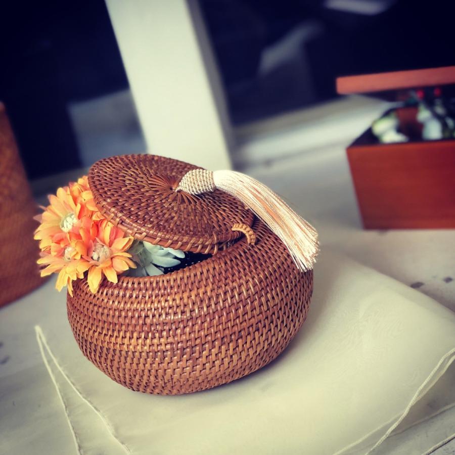 直径15cm)アタ雑貨 バリ島 フタ付 収納かご 小物入れ 丸型バスケット