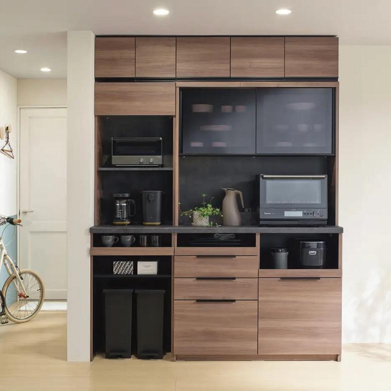 パモウナ 食器棚 幅160cm 引き戸 ガラス扉 ハイカウンター 奥行50cm