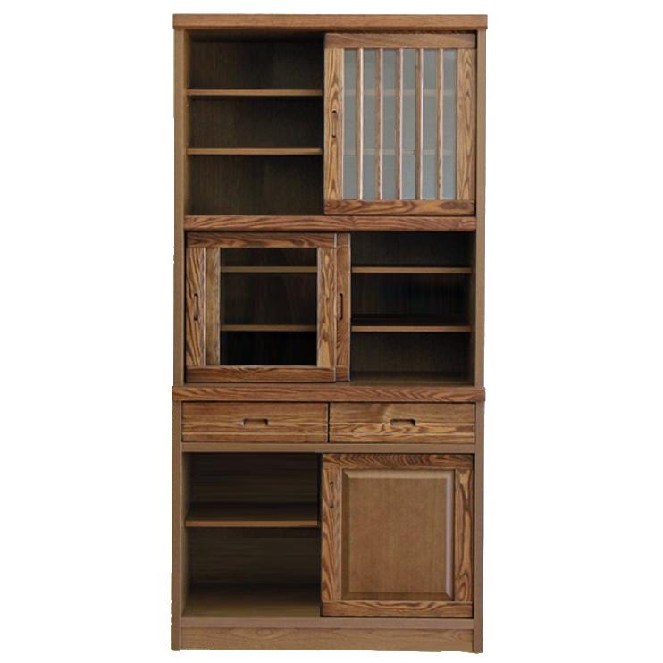 開梱設置付] 幅93cm 引き戸 食器棚 ブラウン 茶色 タモ材 ガラス 木製