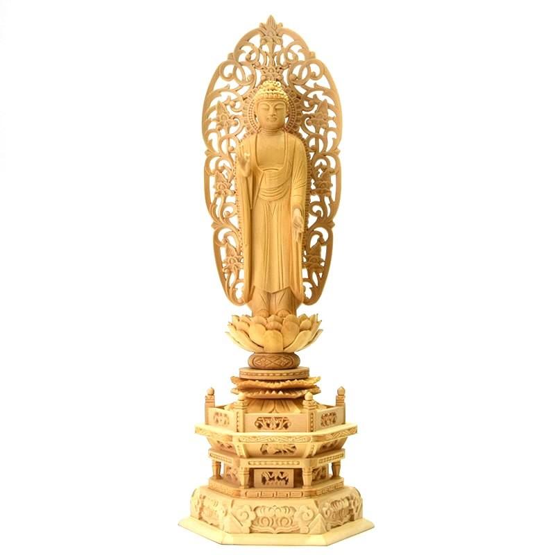 木彫り仏像 【舟形阿弥陀如来】 唐草光背六角台 桧木 立4.5寸 浄土宗