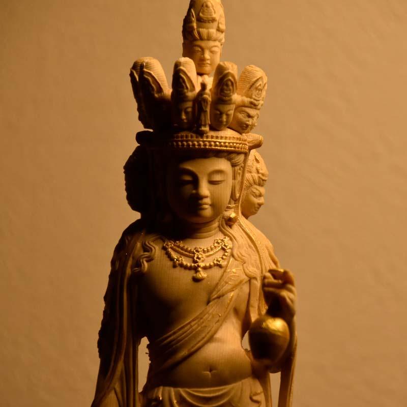 木彫り仏像 桧木│向源寺形十一面観音菩薩│立5.0寸│金泥書│総丈26.5