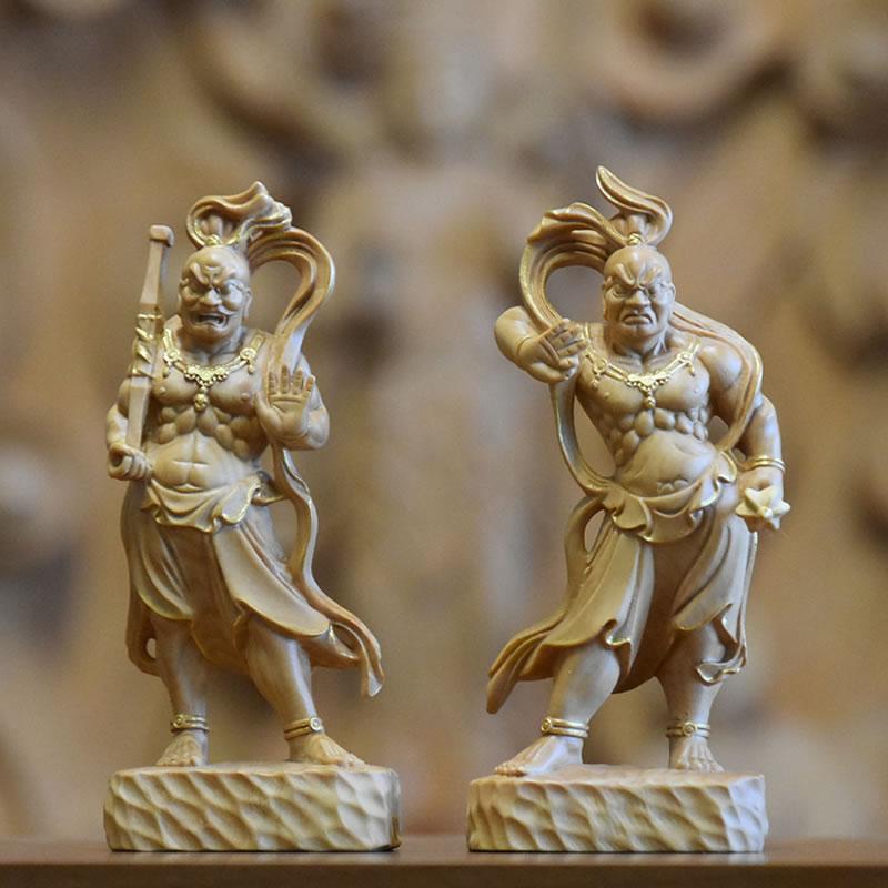 木彫り仏像-小仏 【仁王像(金剛力士)】 柘植（つげ） 金泥仕様 総高