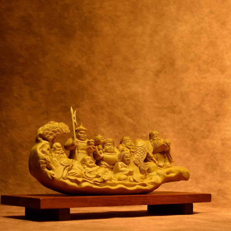 開運招福 木彫り 仏像 柘植一本彫【七福神】 幅約15cm 「七福神