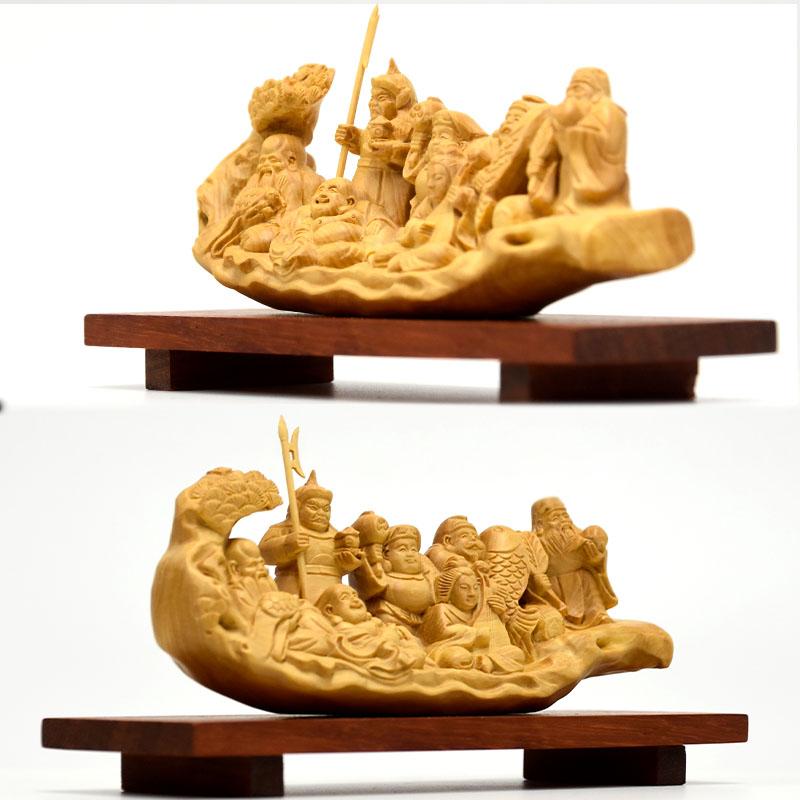 開運招福 木彫り 仏像 柘植一本彫【七福神】 幅約15cm 「七福神