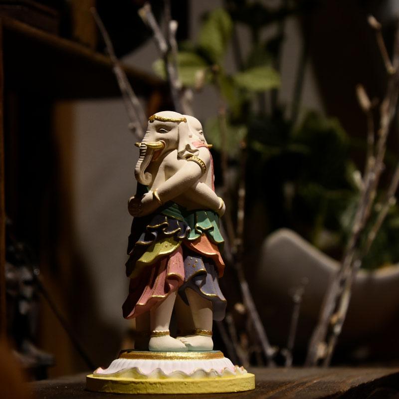 木彫り仏像-小仏 【歓喜天（聖天）】 柘植 極彩色 ※桐箱つき : 海宇