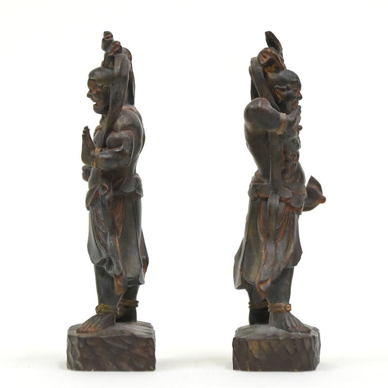 木彫り仏像-小仏 【仁王像(金剛力士)】立像セット 柘植（つげ） 古美色