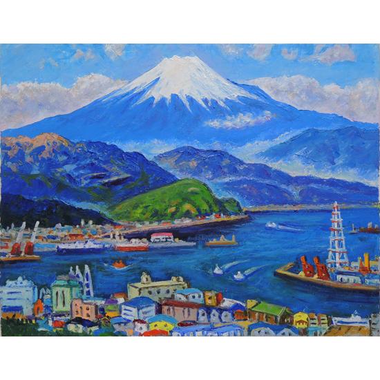 絵画 油絵 清水港より富士 (半澤国雄) 【海・山】【肉筆】【油絵