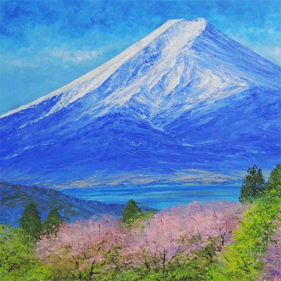 絵画 油絵 富士山と桜 F50号 （小川久雄） 【海・山】【肉筆】【油絵