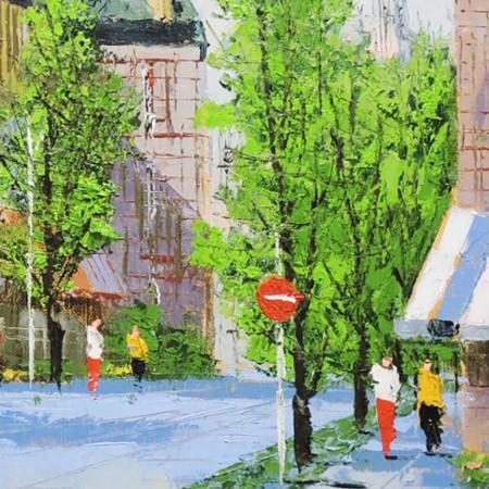 絵画 油絵 並木路のある街（フランス・ラマルク） （黒沢久） 【肉筆