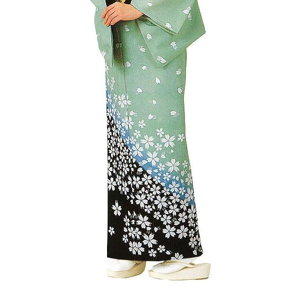 訪問着 女性 プレタ 踊り 絵羽 洗える着物 青磁色 桜花 : カメヤ