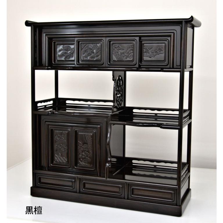 受注生産品 飾り棚 紫檀 6枚戸3.8尺棚 松彫り 漆仕上げ 唐木 茶棚 唐木