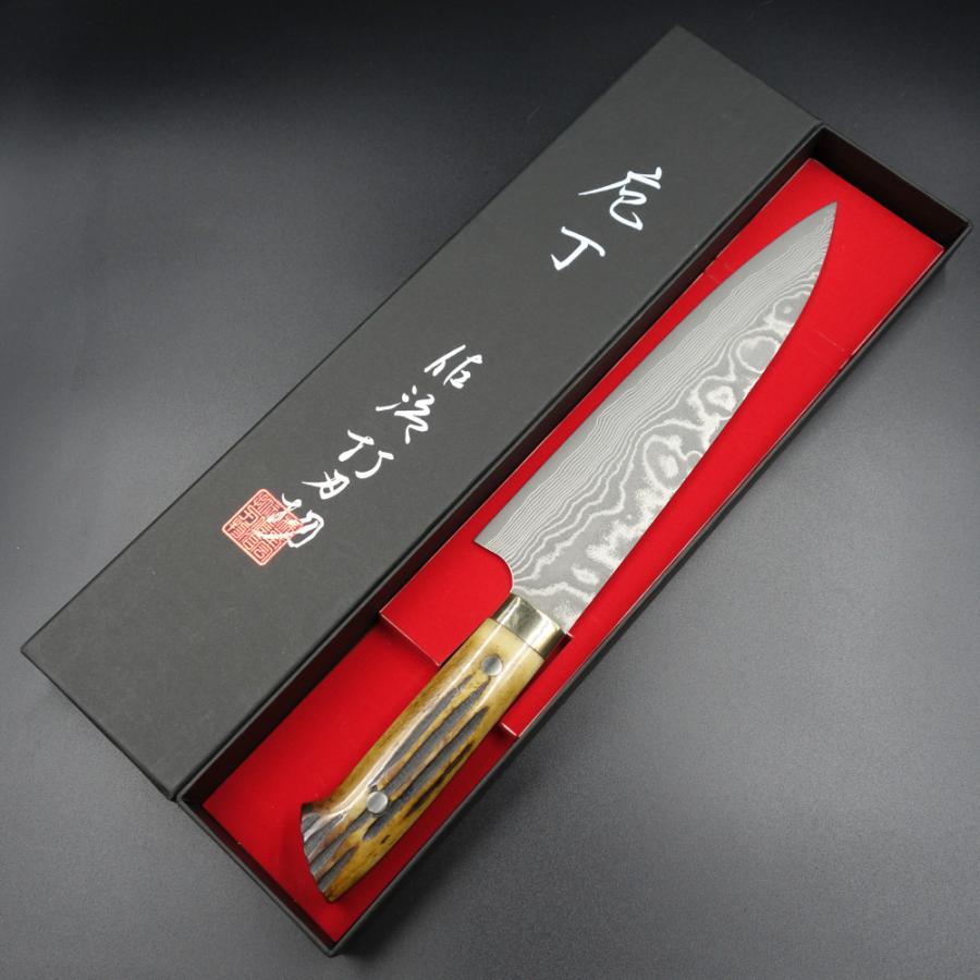佐治作 包丁 牛刀 VG10 黒染めダマスカス 210mm 黄鹿角柄 越前打刃物