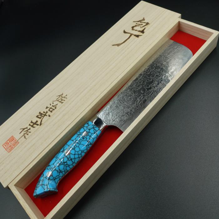 佐治作 包丁 菜切 R2 粉末ハイス鋼 ダマスカス 165mm 青 ターコイズ