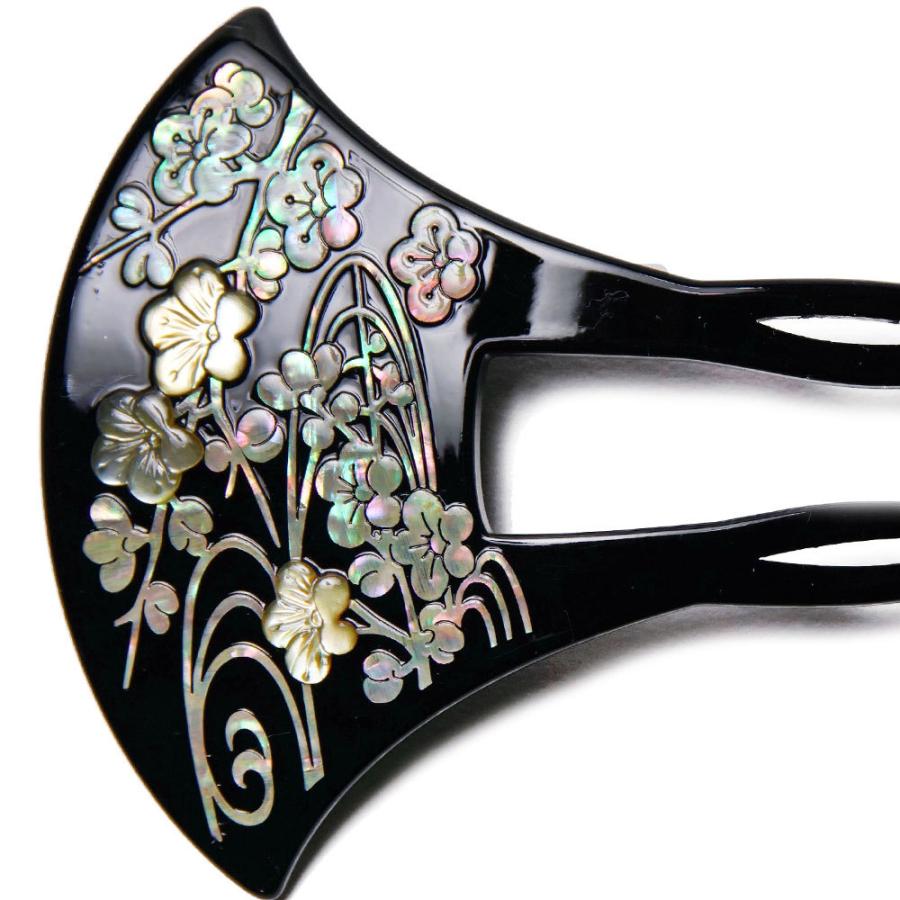 かんざし 螺鈿 梅 流水 蒔絵風 黒 バチ型 フォーマル 髪飾り ヘア
