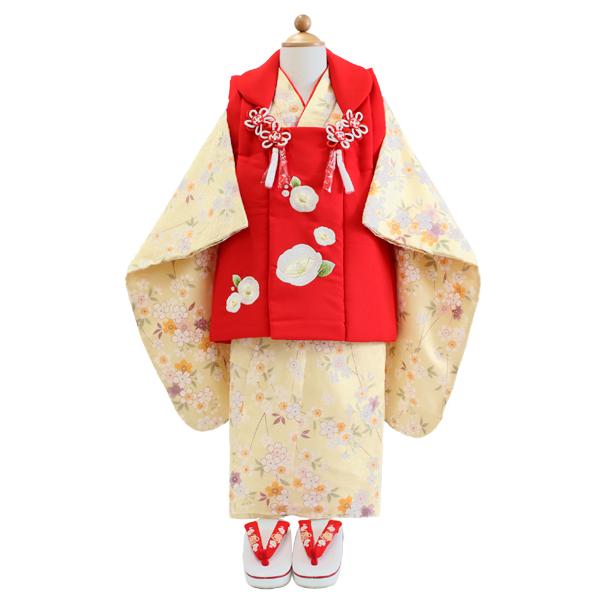七五三 着物 3歳 6点セット 女の子 被布 ベージュ 桜 三ツ身着物 赤 椿
