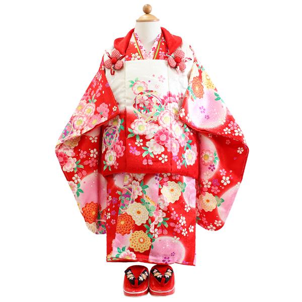 七五三 正絹 着物 3歳 女の子 被布 赤 桜 三ツ身着物 白 鞠 菊 被布