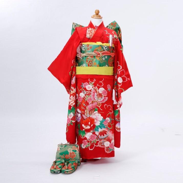 七五三レンタル14点フルセット 7歳【赤/ボタンと蝶】女の子 着物セット