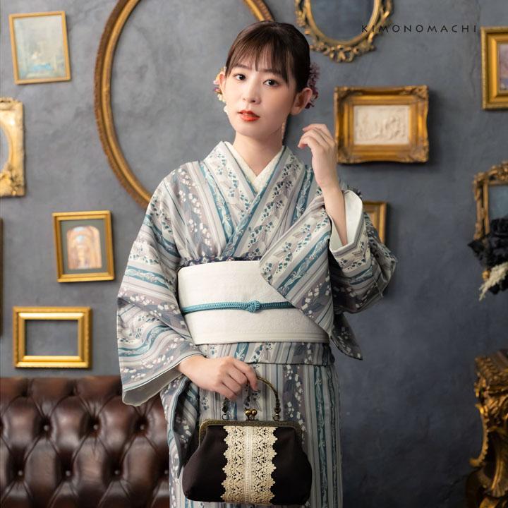 KIMONOMACHI 洗える着物 セット「袷着物：縞すずらん パープル