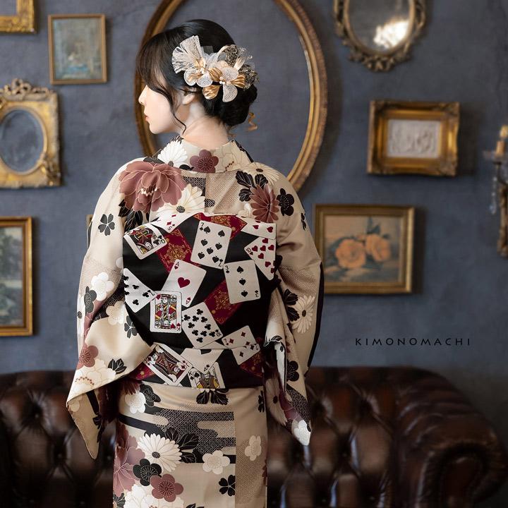 KIMONOMACHI 洗える着物 セット「袷着物：雲に牡丹、花紋 利休白茶色＋