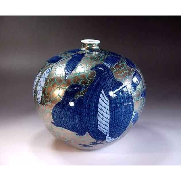 染錦プラチナ彩鶉絵花瓶｜有田焼 陶芸作家 藤井錦彩作 : 有田焼 藤井錦